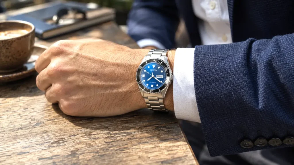 Close up of a blue dial stainless steel watch resting on a wooden table