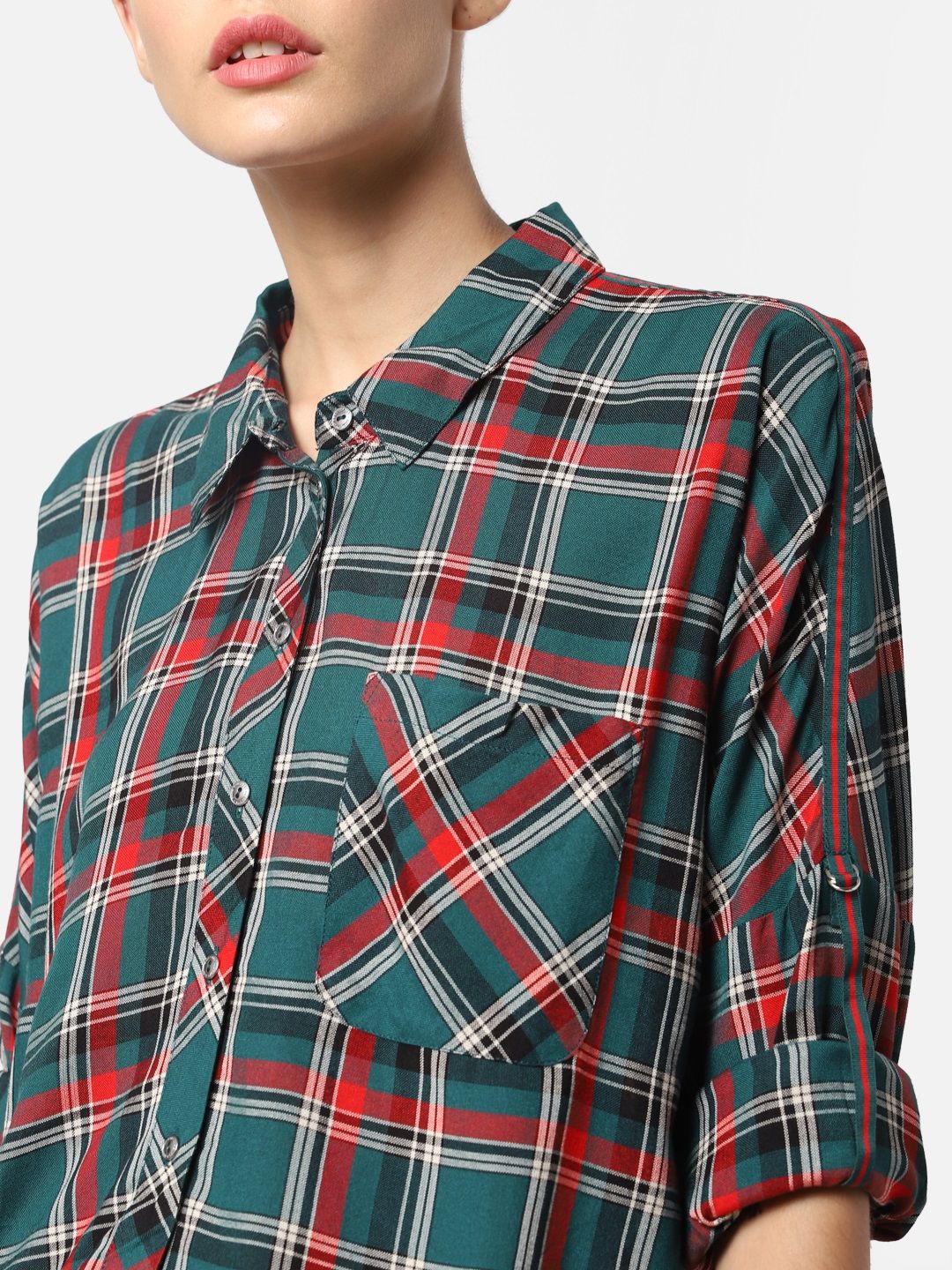 ONLY Women Teal Blue & Red Regular Fit Checked Casual Shirt