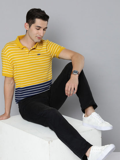 Levi's Men Yellow & Navy Blue Striped Polo Collar Pure Cotton T-shirt