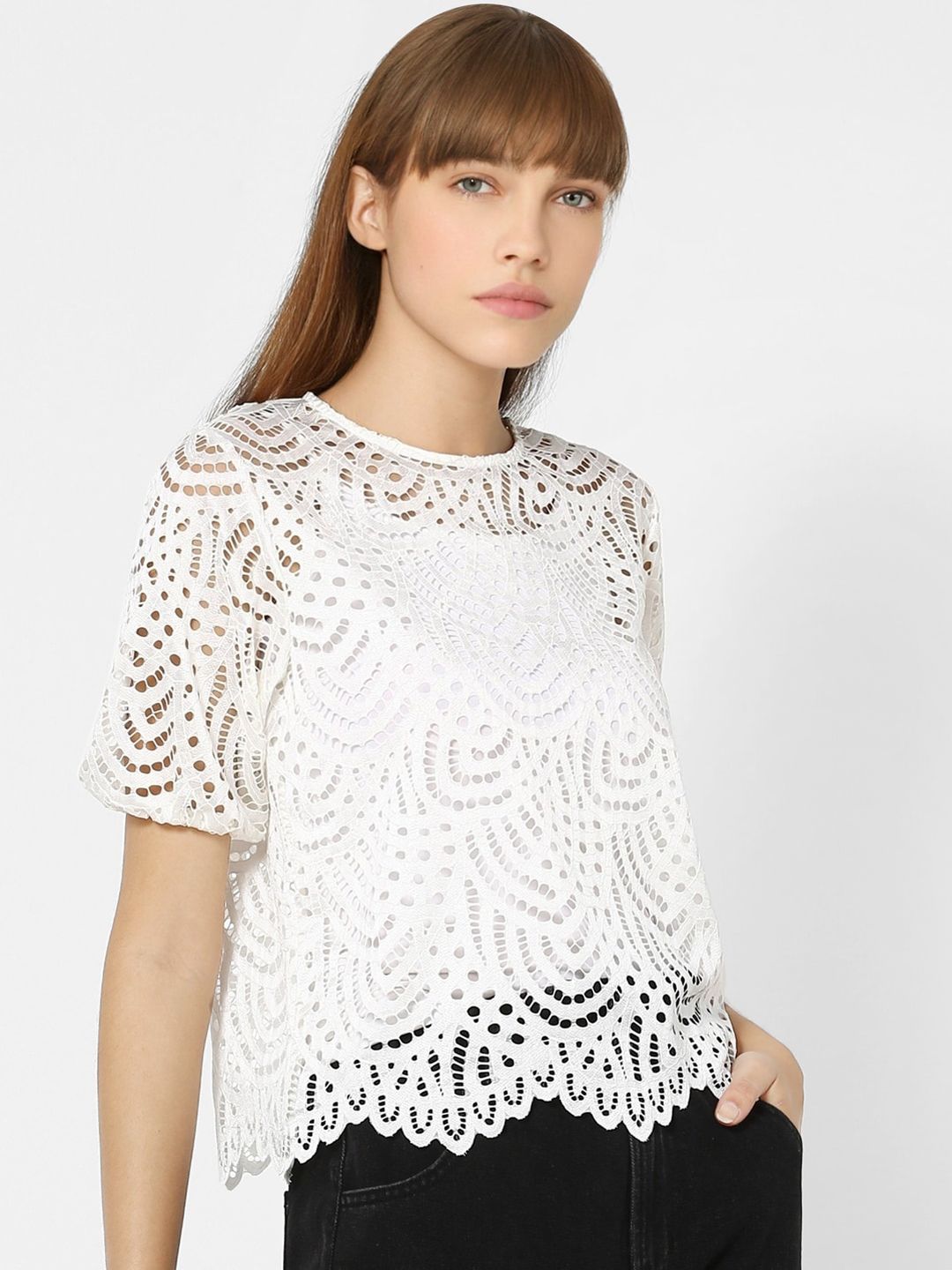 Casual Half Sleeve Lace Women White Top