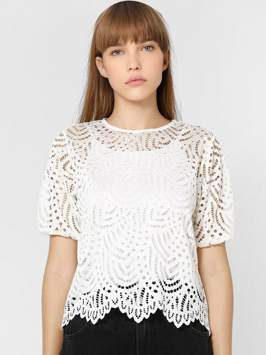 Casual Half Sleeve Lace Women White Top