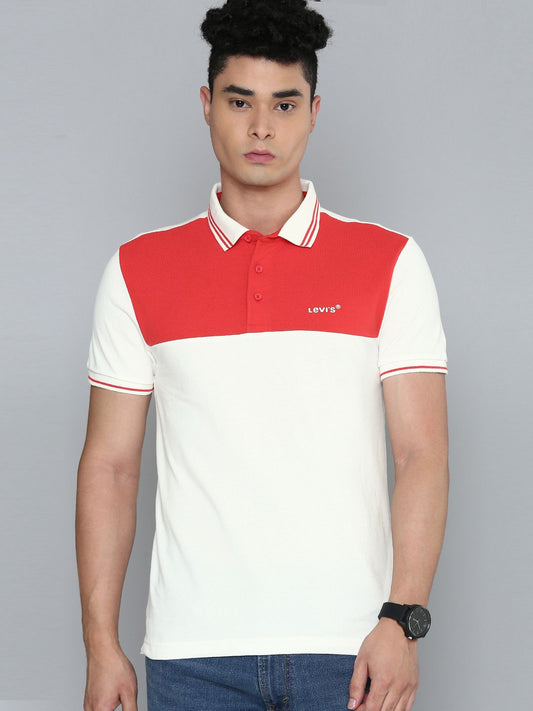 Levi's Men White & Red Color blocked Pure Cotton Polo Collar T-shirt