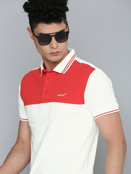 Levi's Men White & Red Color blocked Pure Cotton Polo Collar T-shirt