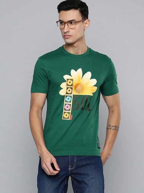 Levi's Green Pure Cotton Regular Fit Printed T-Shirt