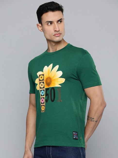 Levi's Green Pure Cotton Regular Fit Printed T-Shirt