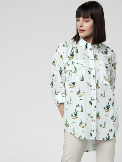 Vero Moda Women White & Green Regular Fit Printed Casual Shirt