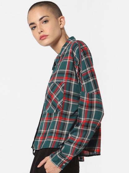 ONLY Women Teal Blue & Red Regular Fit Checked Casual Shirt