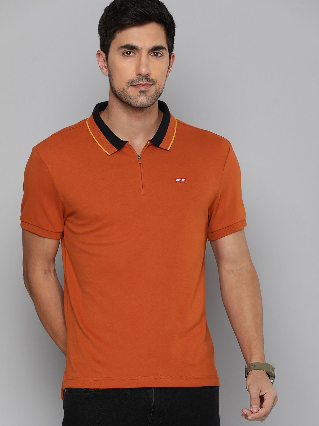 Levi's Men's Polo Collar Rust Red T-shirt With Minimal Applique Detail