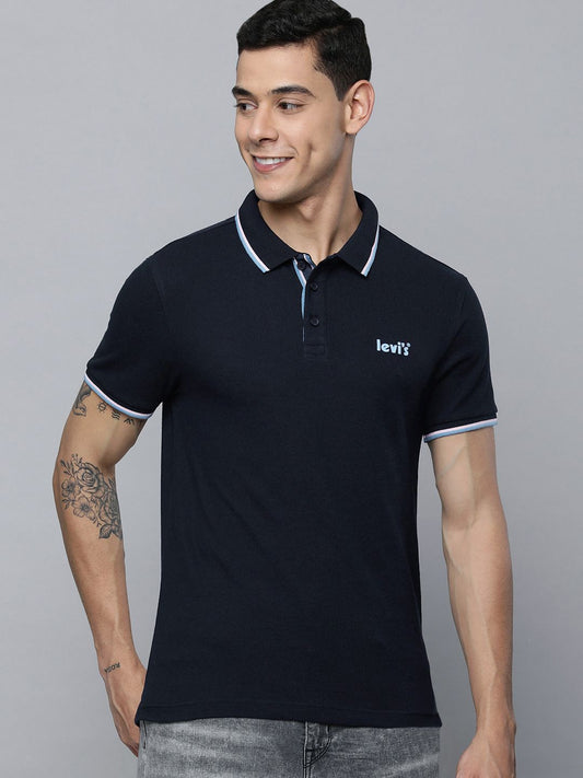 Levi's Men Navy Blue Brand Logo Printed Polo Collar Pure Cotton T-shirt