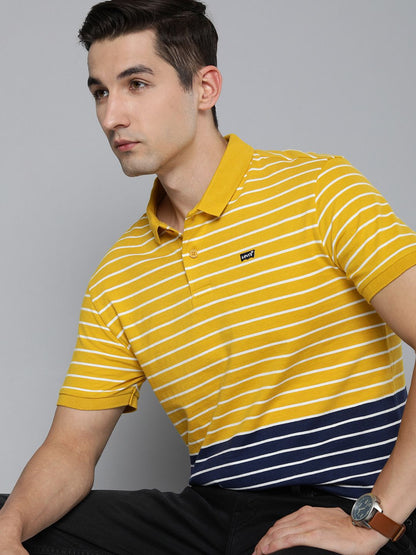 Levi's Men Yellow & Navy Blue Striped Polo Collar Pure Cotton T-shirt