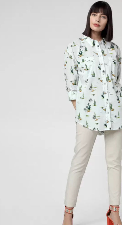 Vero Moda Women White & Green Regular Fit Printed Casual Shirt