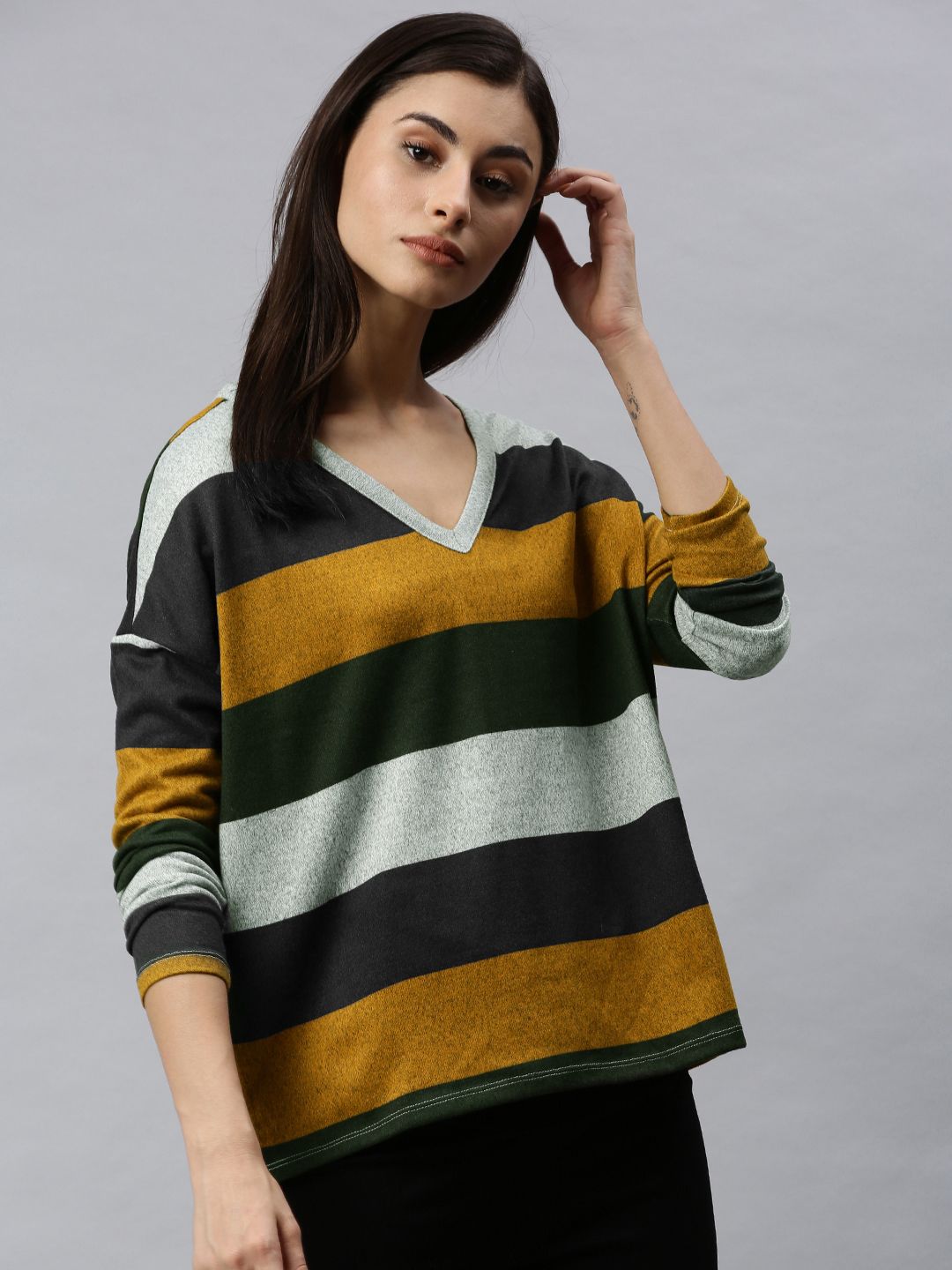 ONLY Women Grey Striped Pullover Sweater