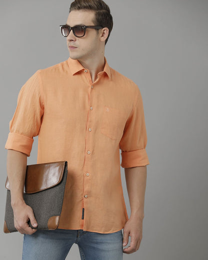 Men’s Pure Linen Orange Solid Contemporary Fit Full Sleeve Casual Shirt