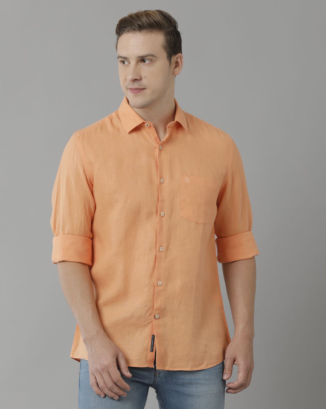 Men’s Pure Linen Orange Solid Contemporary Fit Full Sleeve Casual Shirt