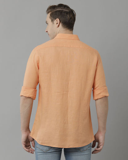 Men’s Pure Linen Orange Solid Contemporary Fit Full Sleeve Casual Shirt