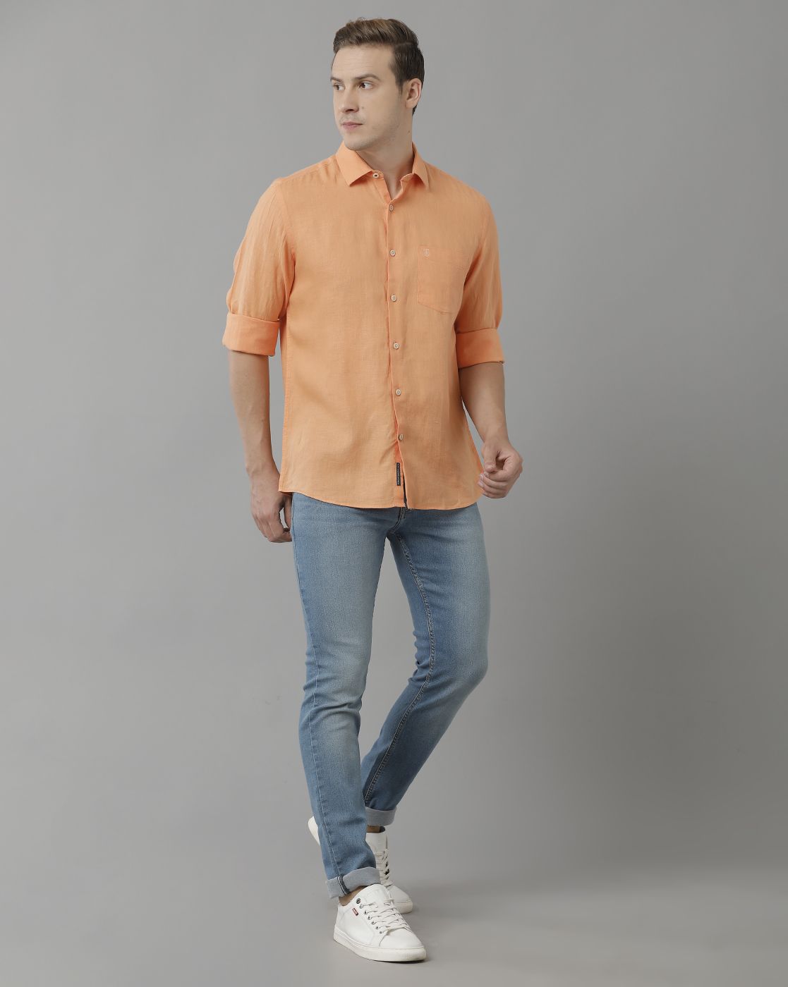 Men’s Pure Linen Orange Solid Contemporary Fit Full Sleeve Casual Shirt