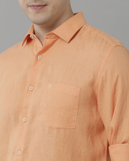 Men’s Pure Linen Orange Solid Contemporary Fit Full Sleeve Casual Shirt