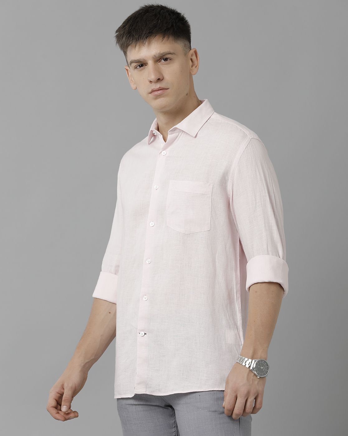 Men’s Pure Linen Pink Solid Contemporary Fit Full Sleeve Casual Shirt