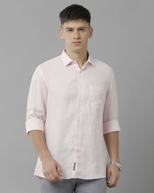 Men’s Pure Linen Pink Solid Contemporary Fit Full Sleeve Casual Shirt