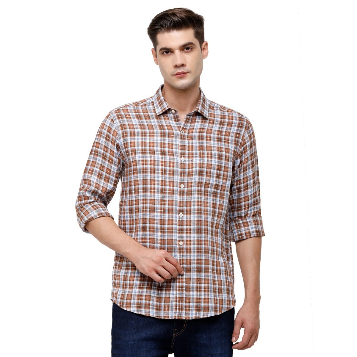 Men’s  Pure Linen Brown Checked Contemporary Fit Full Sleeve Casual Shirt