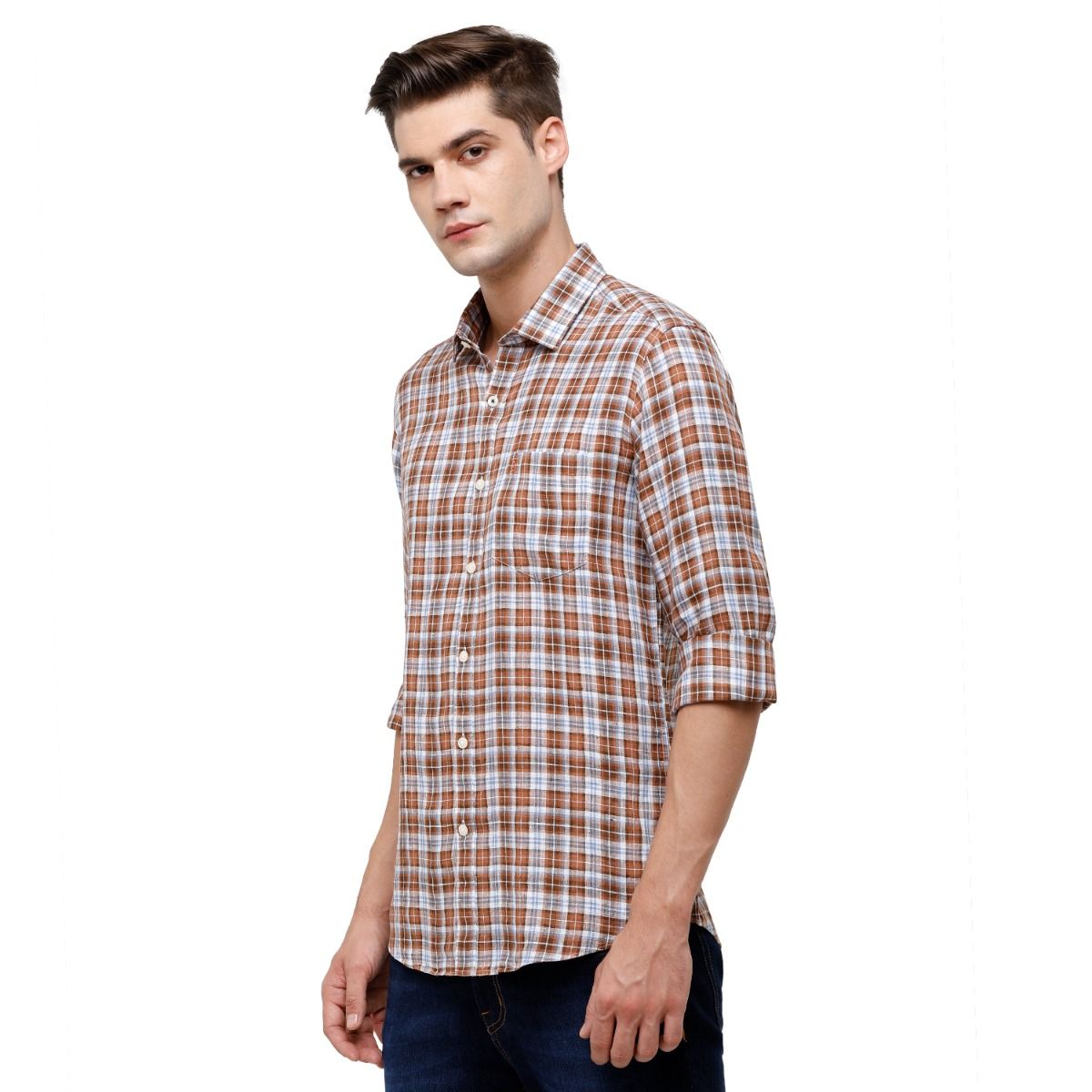 Men’s  Pure Linen Brown Checked Contemporary Fit Full Sleeve Casual Shirt