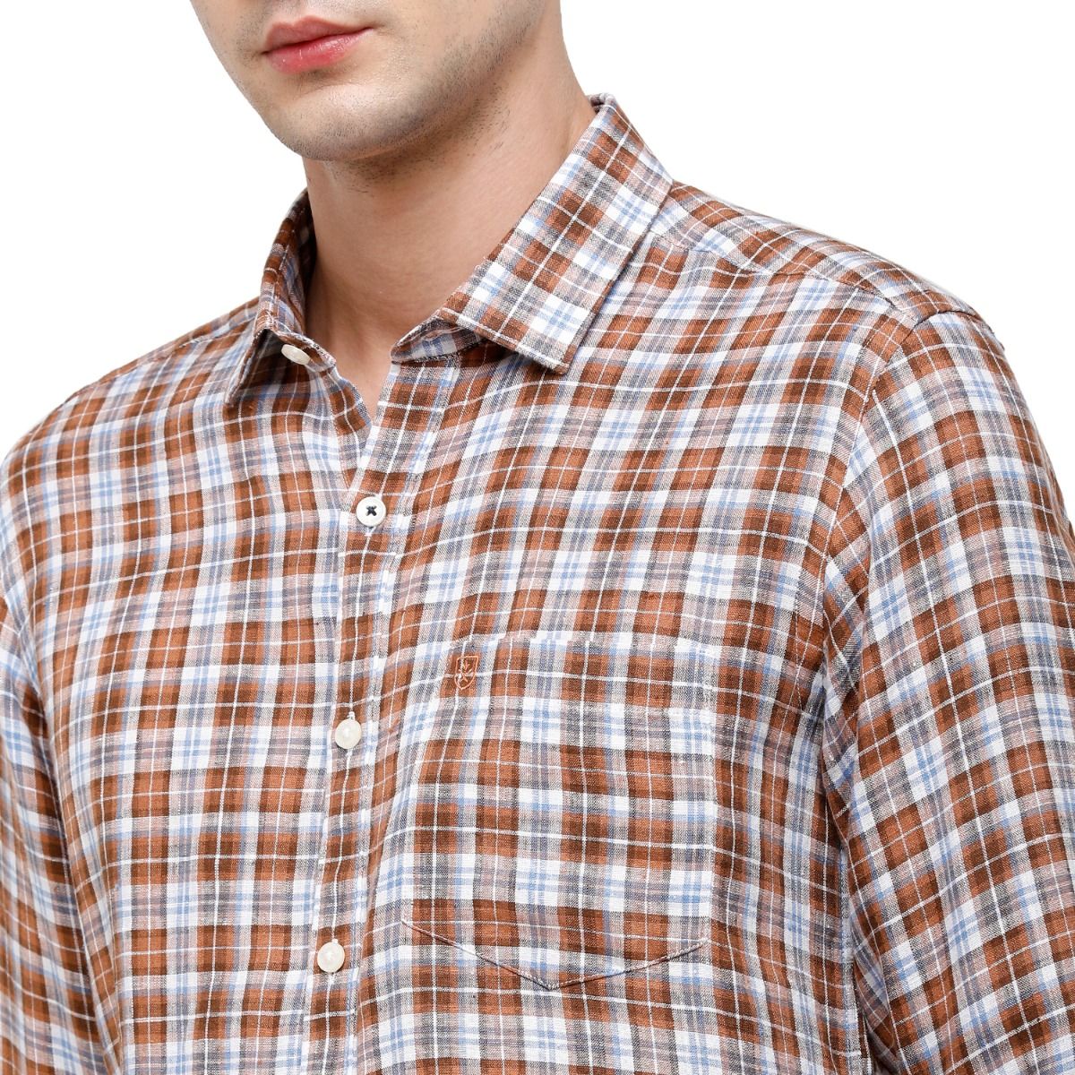 Men’s  Pure Linen Brown Checked Contemporary Fit Full Sleeve Casual Shirt