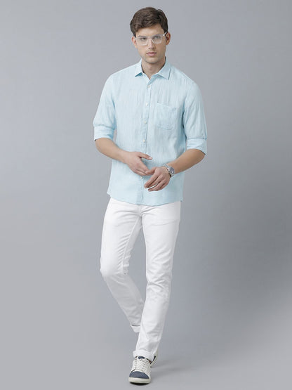 Men’s  Pure  Linen Blue Solid Contemporary Fit full Sleeve Casual Shirt