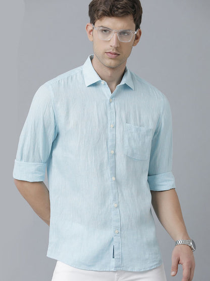 Men’s  Pure  Linen Blue Solid Contemporary Fit full Sleeve Casual Shirt