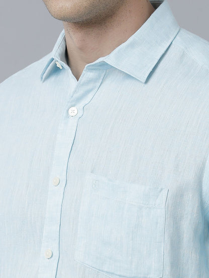 Men’s  Pure  Linen Blue Solid Contemporary Fit full Sleeve Casual Shirt