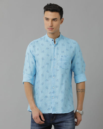 Mens Pure Linen Blue Printed Contemporary Fit Full Sleeve Sleeve Shirt