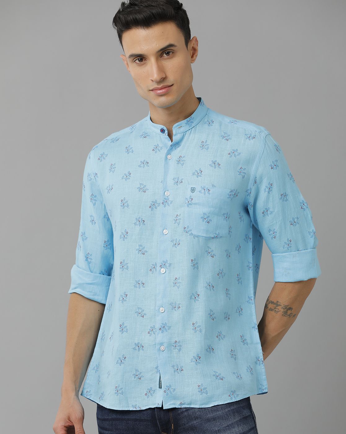 Mens Pure Linen Blue Printed Contemporary Fit Full Sleeve Sleeve Shirt