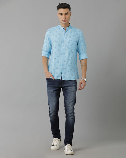 Mens Pure Linen Blue Printed Contemporary Fit Full Sleeve Sleeve Shirt