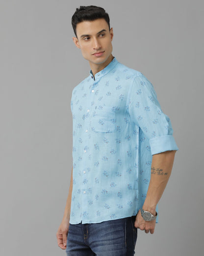 Mens Pure Linen Blue Printed Contemporary Fit Full Sleeve Sleeve Shirt