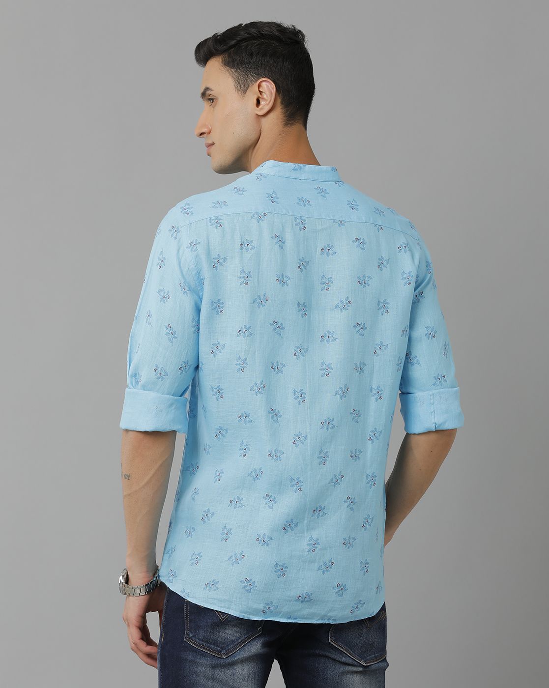 Mens Pure Linen Blue Printed Contemporary Fit Full Sleeve Sleeve Shirt