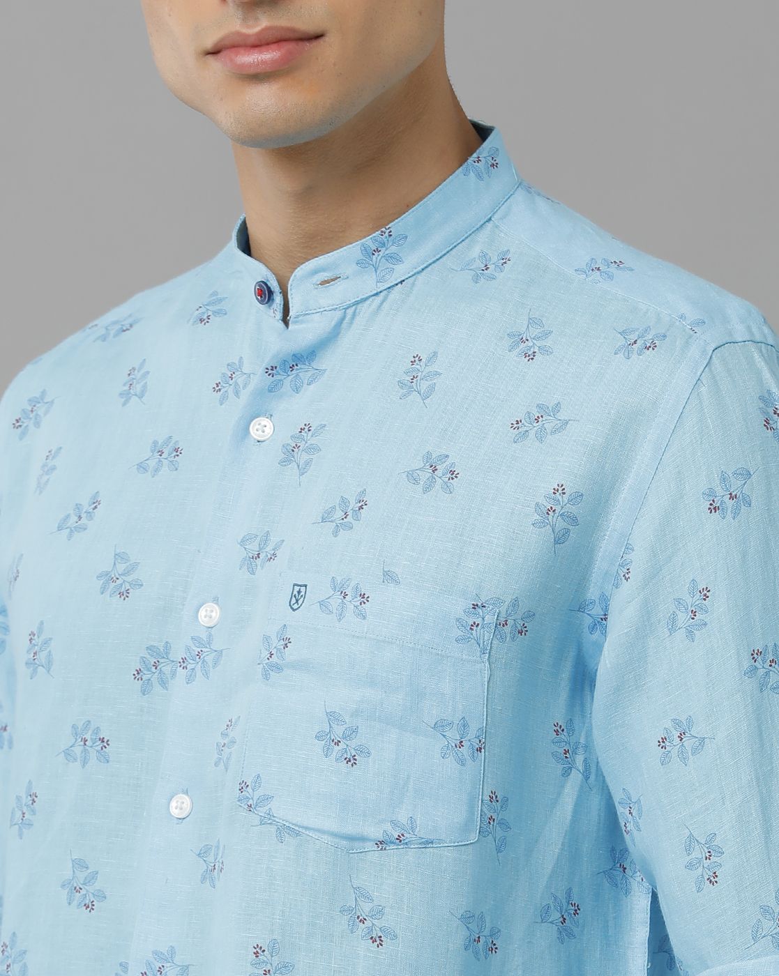 Mens Pure Linen Blue Printed Contemporary Fit Full Sleeve Sleeve Shirt