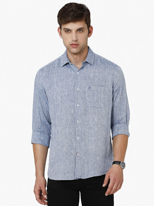 Men's Pure Linen Blue Solid Contemporary Fit Full Sleeve Sleeve Casual Shirt