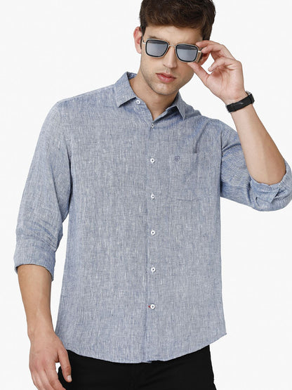 Men's Pure Linen Blue Solid Contemporary Fit Full Sleeve Sleeve Casual Shirt