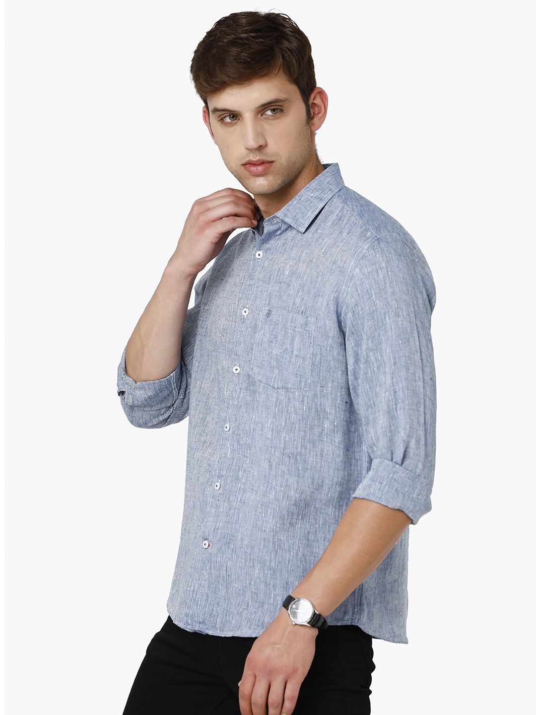 Men's Pure Linen Blue Solid Contemporary Fit Full Sleeve Sleeve Casual Shirt