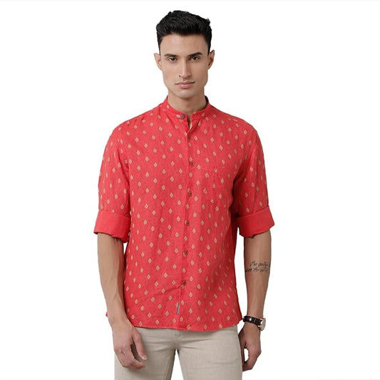 Linen Club Men's Pure Linen Red Printed Slim Fit Full Sleeve Casual Shirt