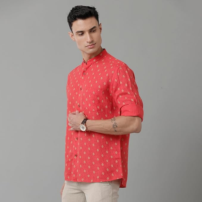 Linen Club Men's Pure Linen Red Printed Slim Fit Full Sleeve Casual Shirt