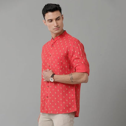 Linen Club Men's Pure Linen Red Printed Slim Fit Full Sleeve Casual Shirt