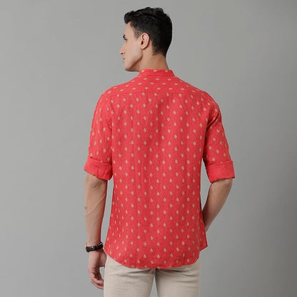 Linen Club Men's Pure Linen Red Printed Slim Fit Full Sleeve Casual Shirt