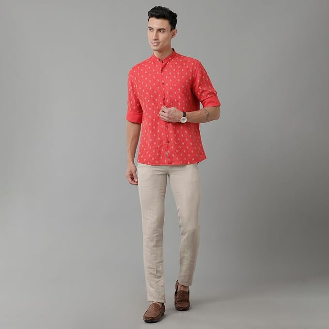 Linen Club Men's Pure Linen Red Printed Slim Fit Full Sleeve Casual Shirt