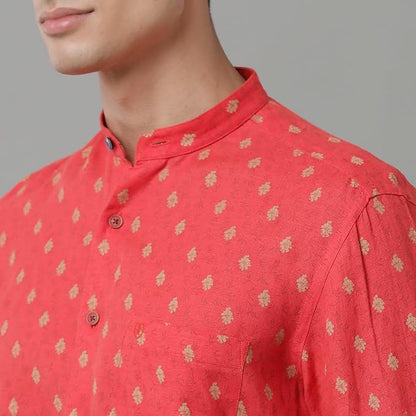 Linen Club Men's Pure Linen Red Printed Slim Fit Full Sleeve Casual Shirt