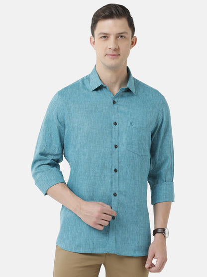 Men's Pure Linen Turquoise Blue Solid Contemporary Fit Full Sleeve Sleeve Casual Shirt