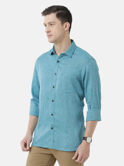 Men's Pure Linen Turquoise Blue Solid Contemporary Fit Full Sleeve Sleeve Casual Shirt