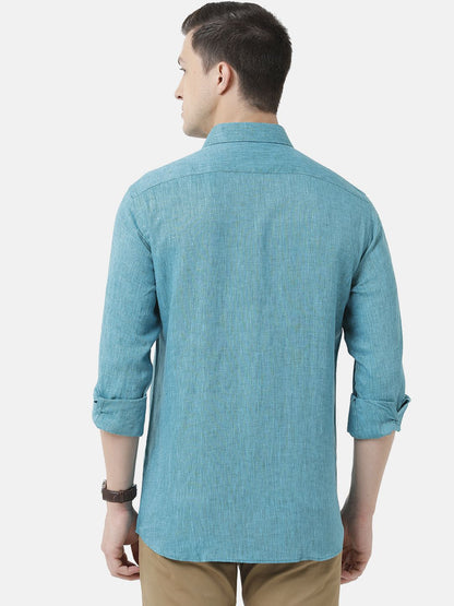 Men's Pure Linen Turquoise Blue Solid Contemporary Fit Full Sleeve Sleeve Casual Shirt