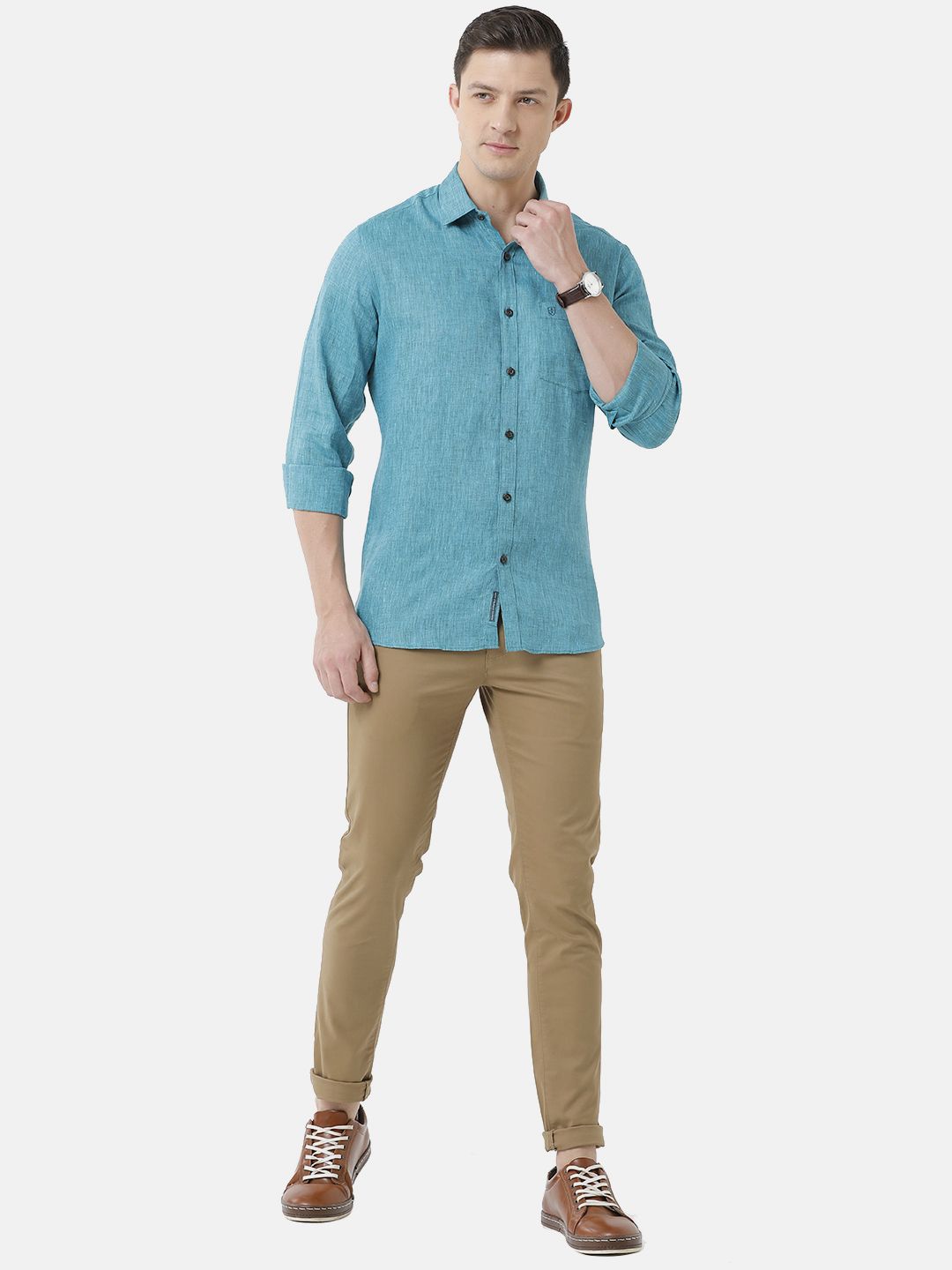 Men's Pure Linen Turquoise Blue Solid Contemporary Fit Full Sleeve Sleeve Casual Shirt