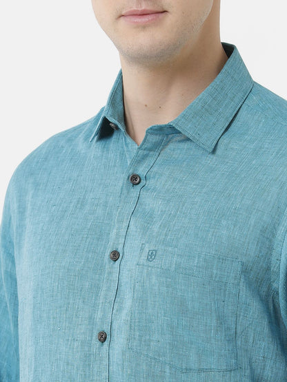 Men's Pure Linen Turquoise Blue Solid Contemporary Fit Full Sleeve Sleeve Casual Shirt