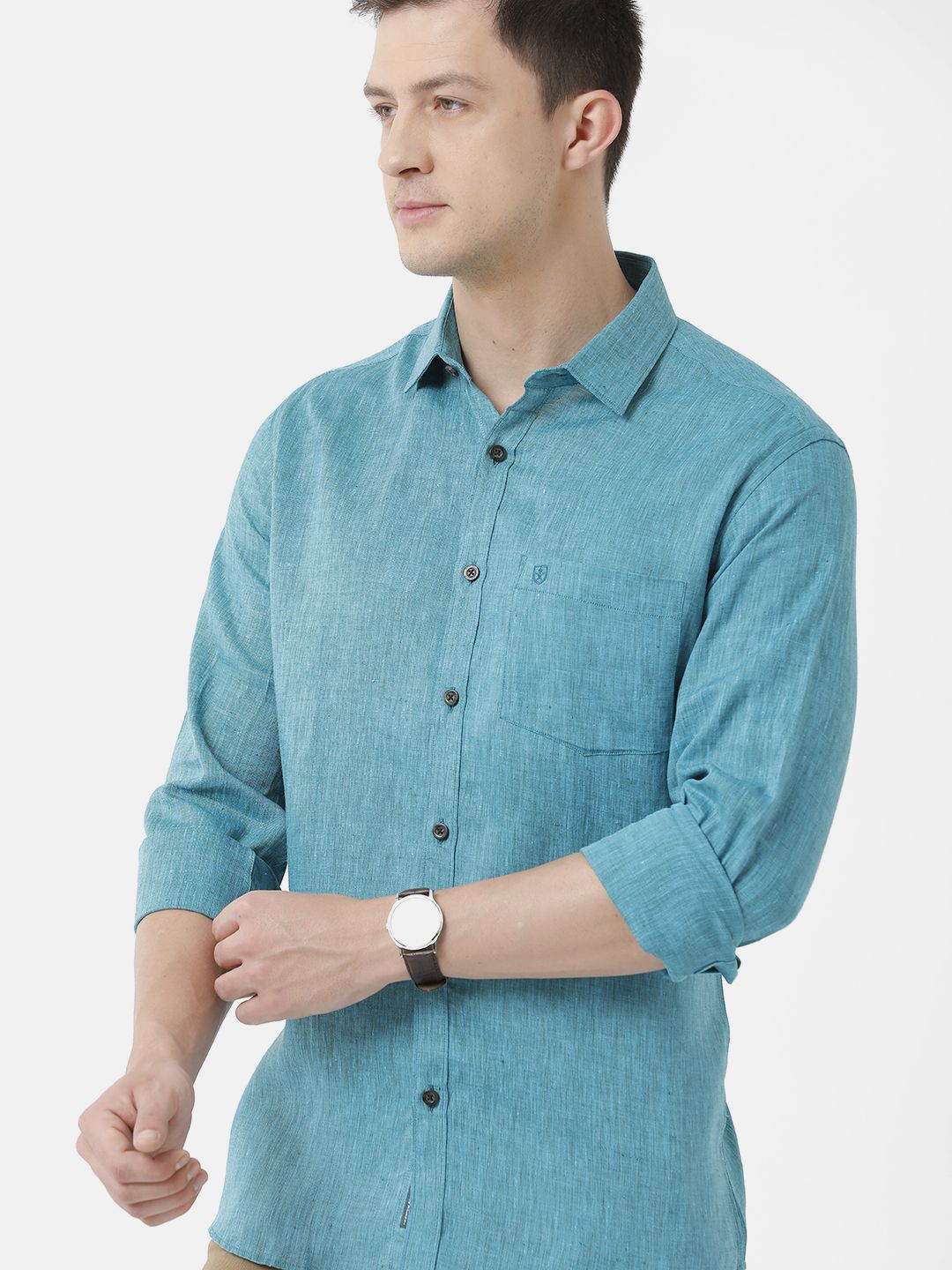 Men's Pure Linen Turquoise Blue Solid Contemporary Fit Full Sleeve Sleeve Casual Shirt